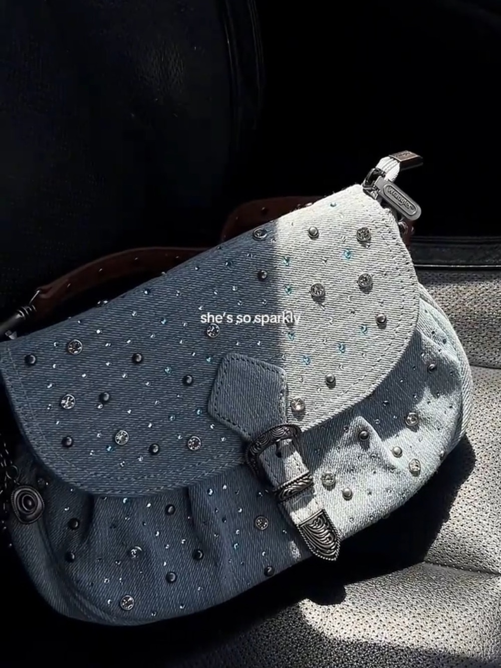Wrangler Denim Shoulder Bag with Brown Strap and Silver Studs - Picture 3 of 8